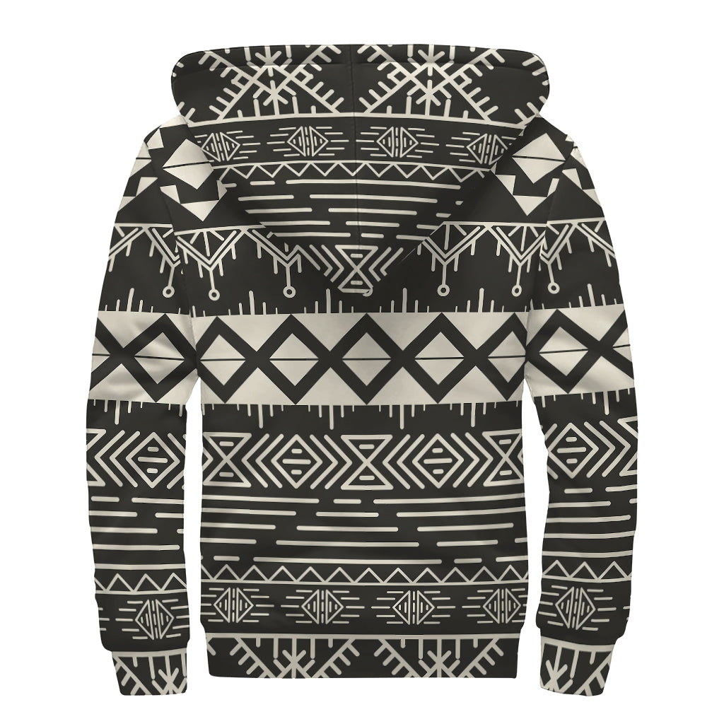 Black And Beige Aztec Pattern Print Sherpa Lined Zip Up Hoodie