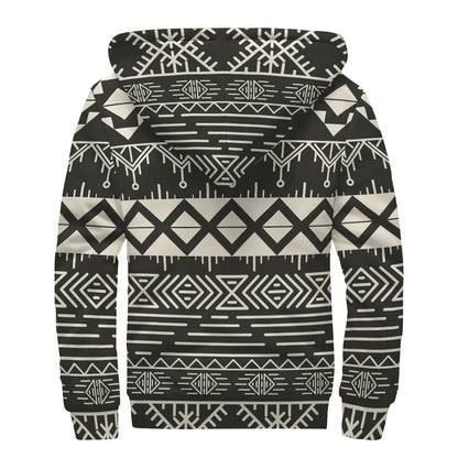 Black And Beige Aztec Pattern Print Sherpa Lined Zip Up Hoodie