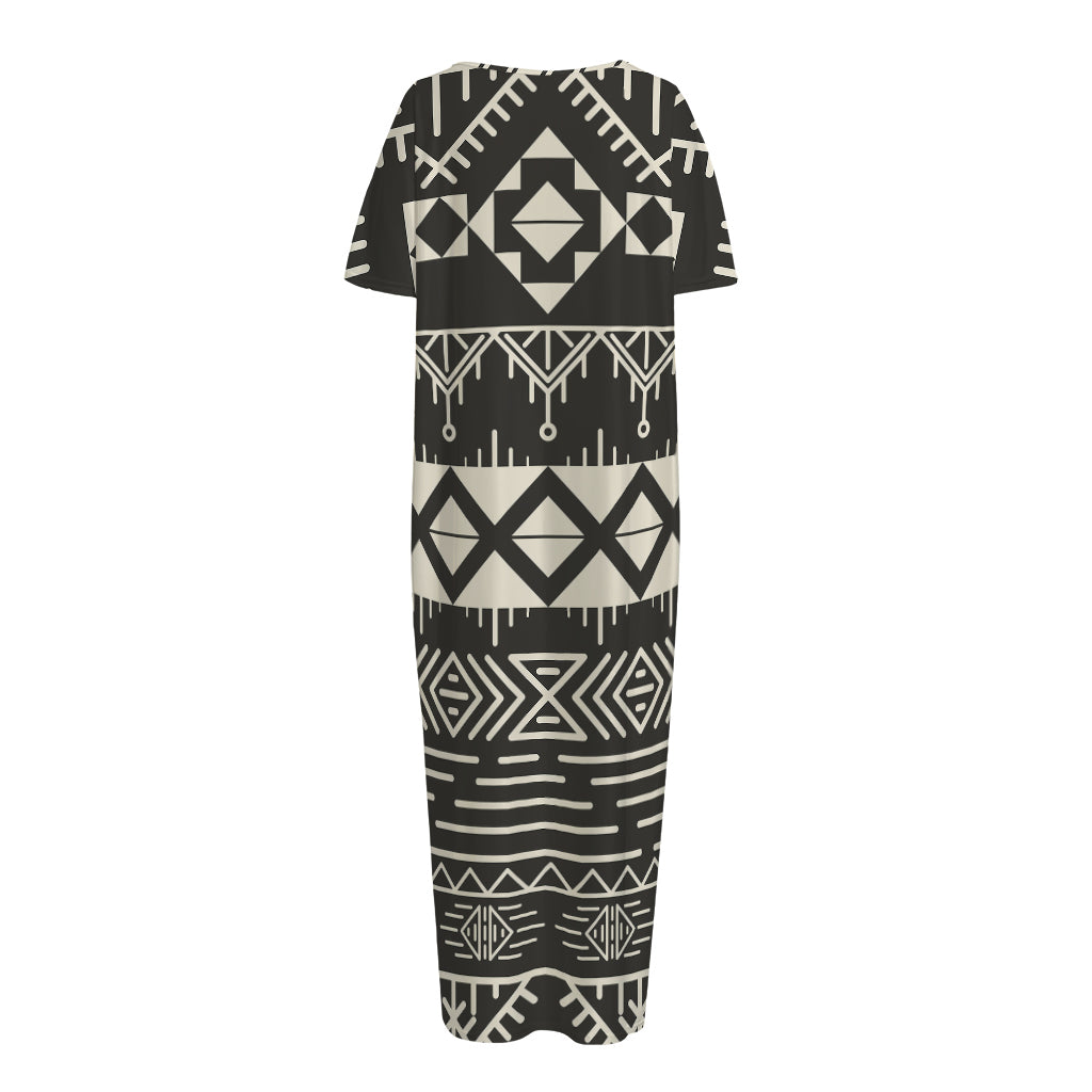 Black And Beige Aztec Pattern Print Short Sleeve Long Nightdress