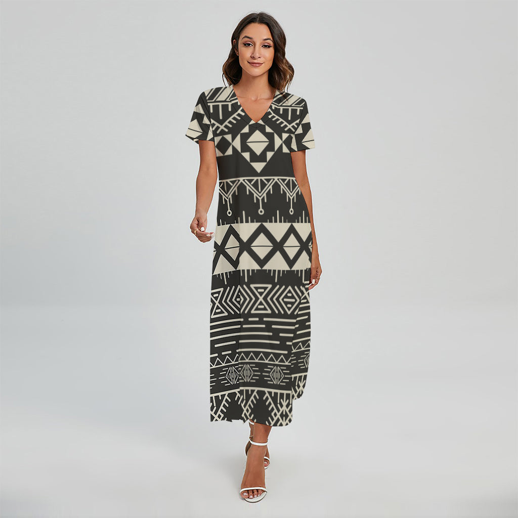 Black And Beige Aztec Pattern Print Short Sleeve Maxi Dress