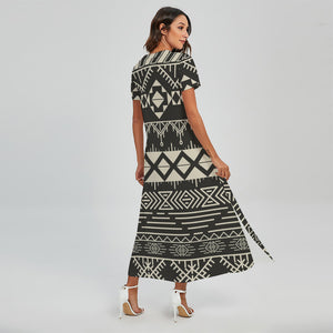 Black And Beige Aztec Pattern Print Short Sleeve Maxi Dress