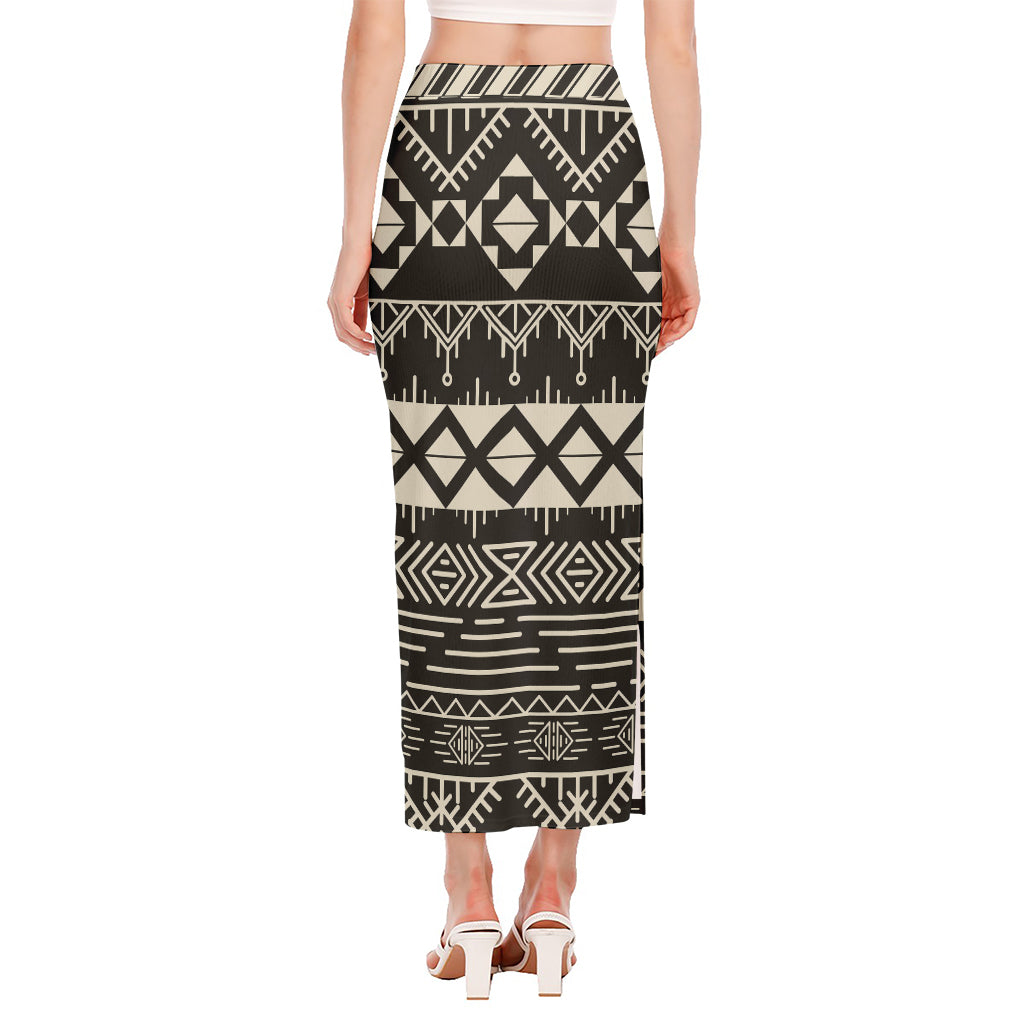 Black And Beige Aztec Pattern Print Side Slit Maxi Skirt