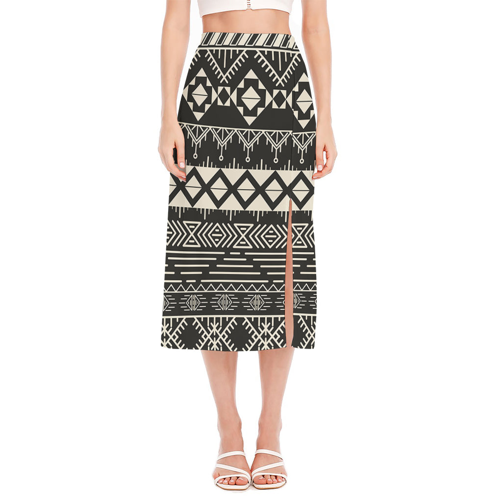 Black And Beige Aztec Pattern Print Side Slit Midi Skirt