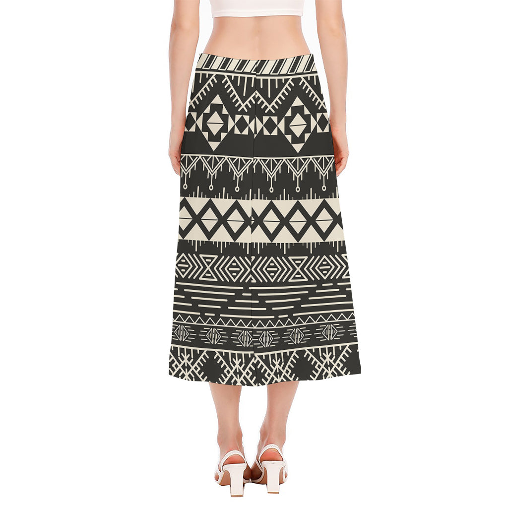 Black And Beige Aztec Pattern Print Side Slit Midi Skirt