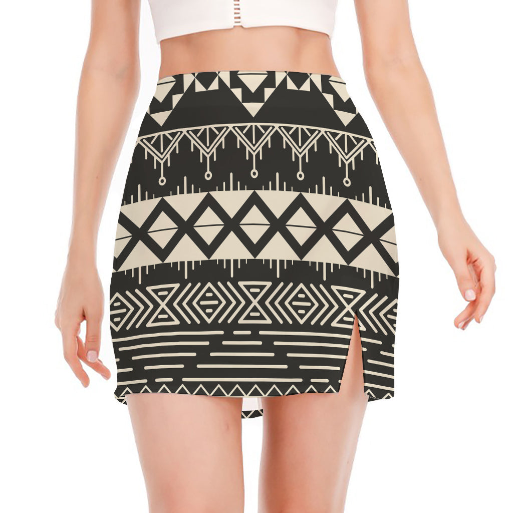 Black And Beige Aztec Pattern Print Side Slit Mini Skirt