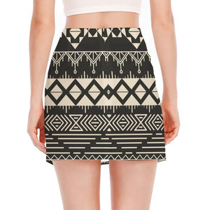 Black And Beige Aztec Pattern Print Side Slit Mini Skirt