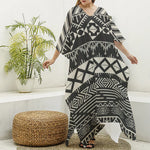 Black And Beige Aztec Pattern Print Silk V-Neck Kaftan Dress