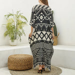 Black And Beige Aztec Pattern Print Silk V-Neck Kaftan Dress