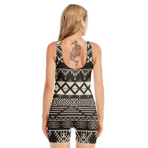 Black And Beige Aztec Pattern Print Sleeveless One Piece Swimsuit