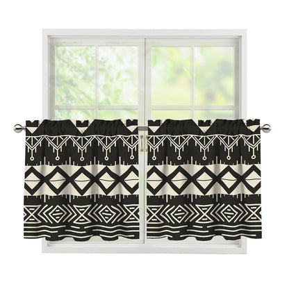 Black And Beige Aztec Pattern Print Tier Curtains