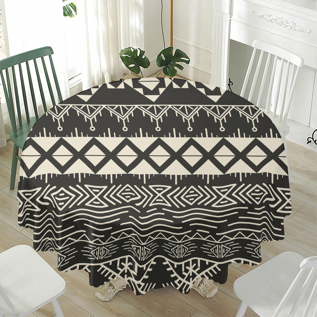 Black And Beige Aztec Pattern Print Waterproof Round Tablecloth