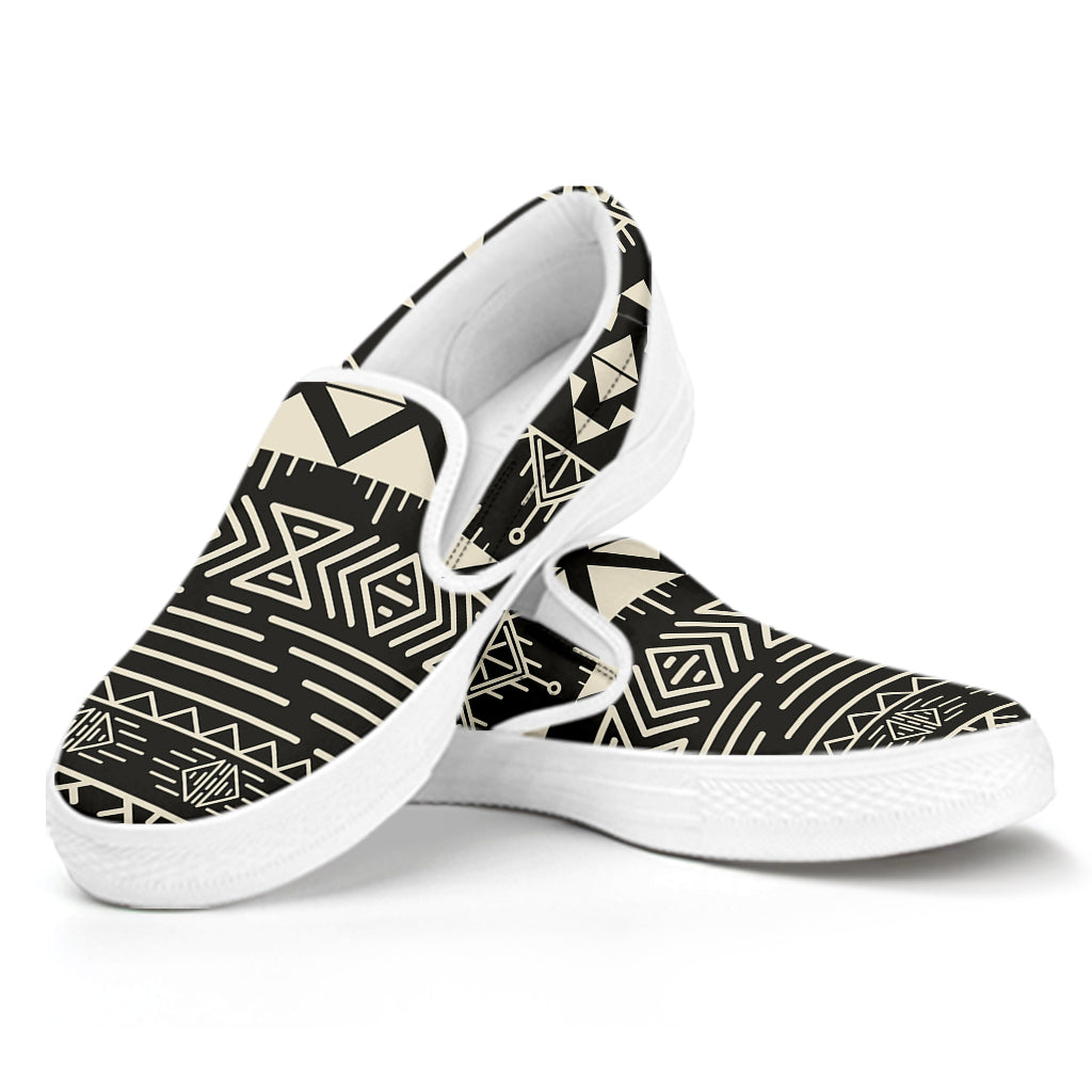 Black And Beige Aztec Pattern Print White Slip On Sneakers
