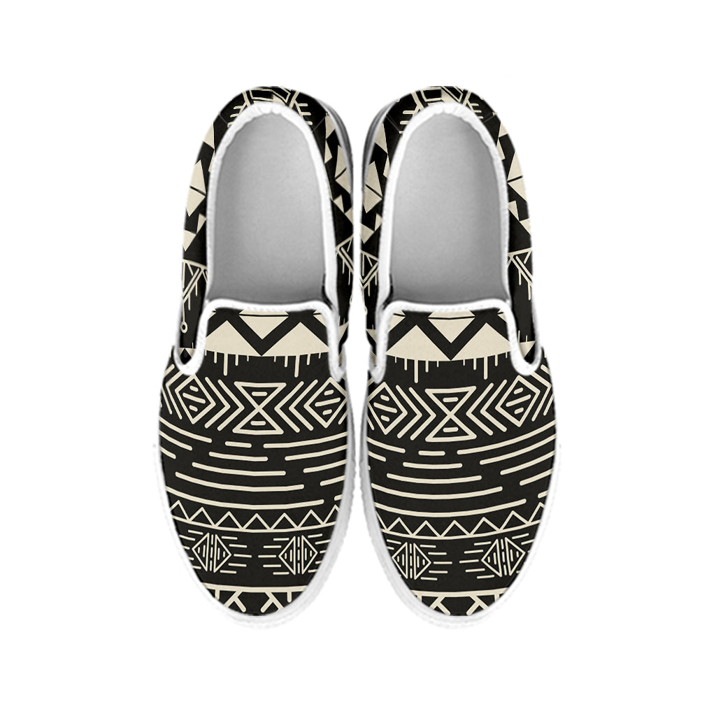 Black And Beige Aztec Pattern Print White Slip On Sneakers