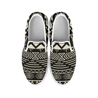 Black And Beige Aztec Pattern Print White Slip On Sneakers