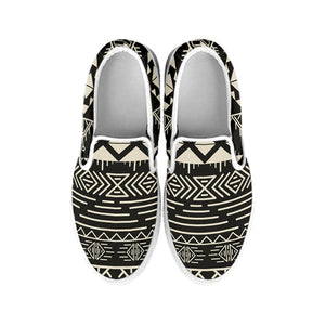 Black And Beige Aztec Pattern Print White Slip On Sneakers