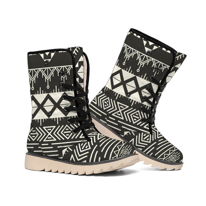Black And Beige Aztec Pattern Print Winter Boots