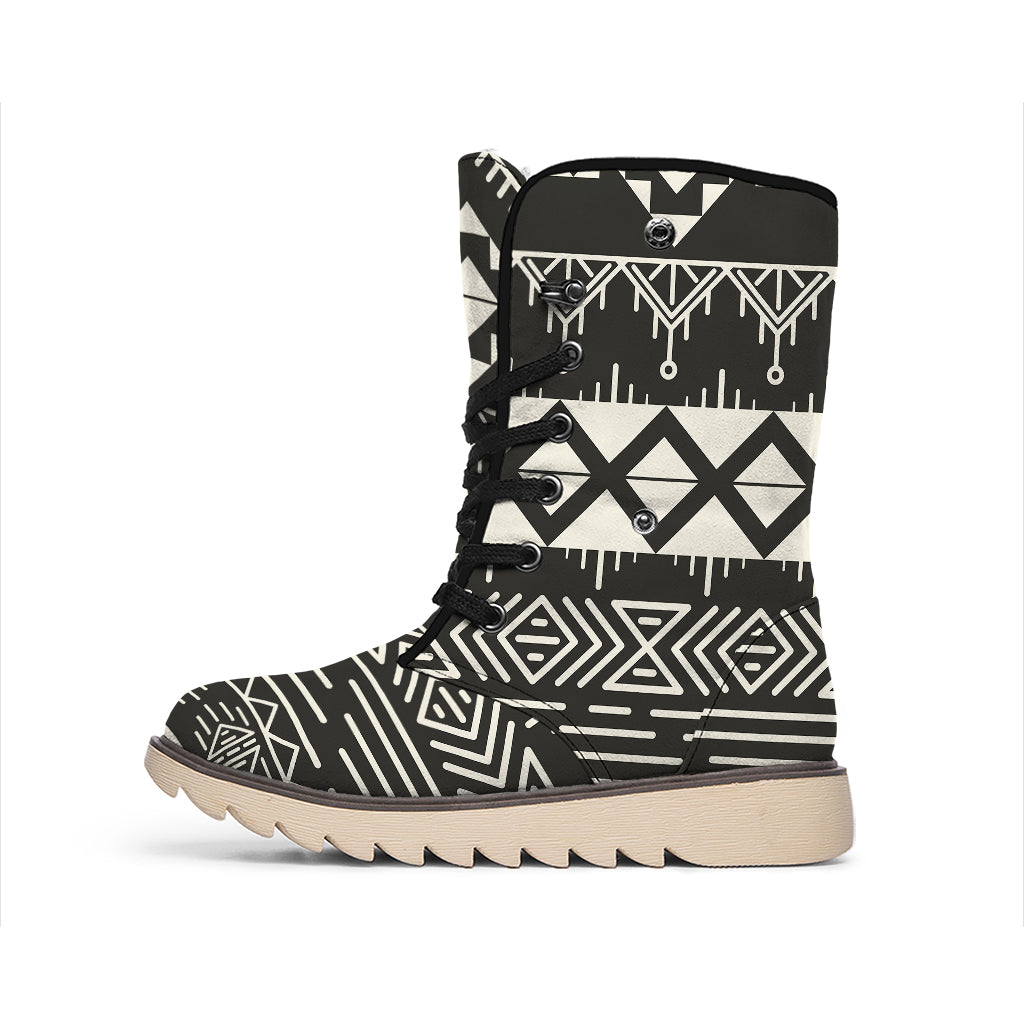 Black And Beige Aztec Pattern Print Winter Boots