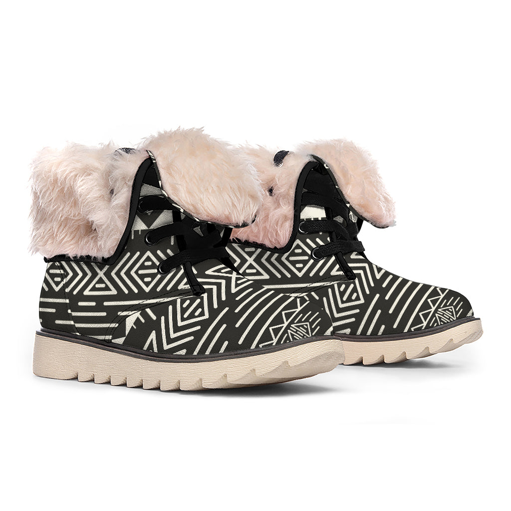 Black And Beige Aztec Pattern Print Winter Boots