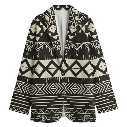 Black And Beige Aztec Pattern Print Women's Blazer