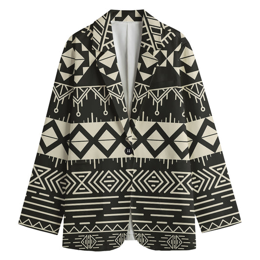 Black And Beige Aztec Pattern Print Women's Blazer