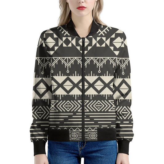 Black And Beige Aztec Pattern Print Women's Bomber Jacket