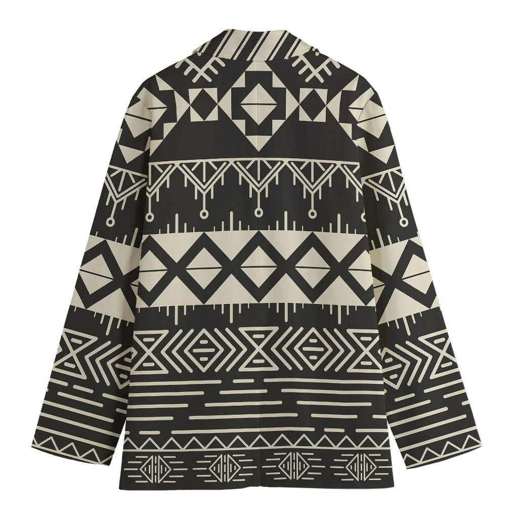 Black And Beige Aztec Pattern Print Women's Cotton Blazer