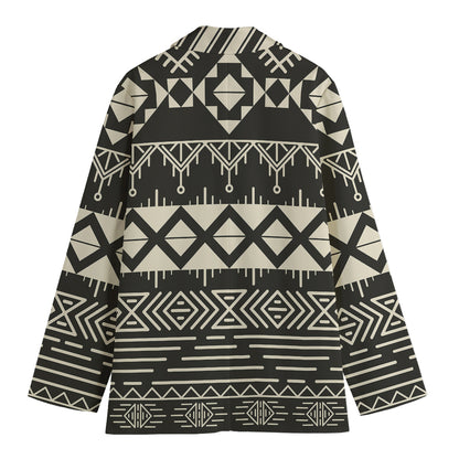 Black And Beige Aztec Pattern Print Women's Cotton Blazer