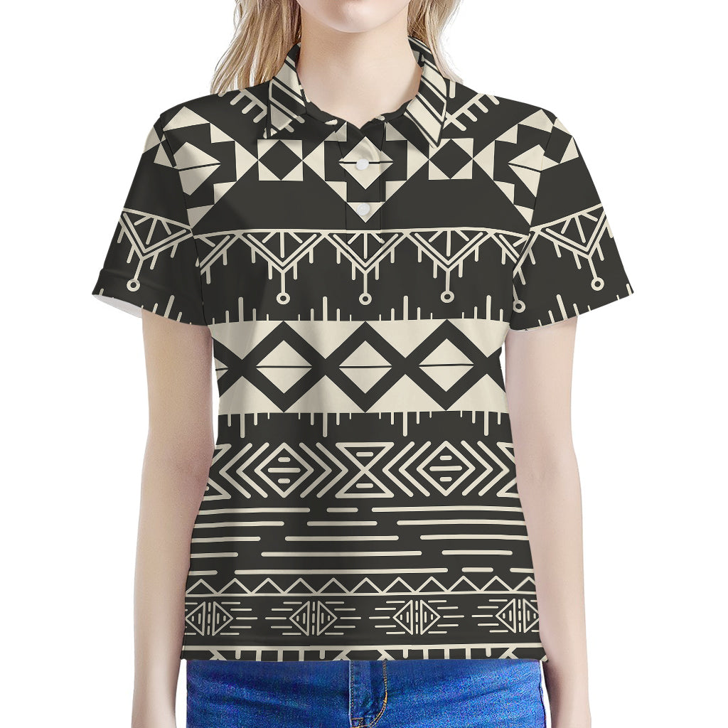 Black And Beige Aztec Pattern Print Women's Polo Shirt