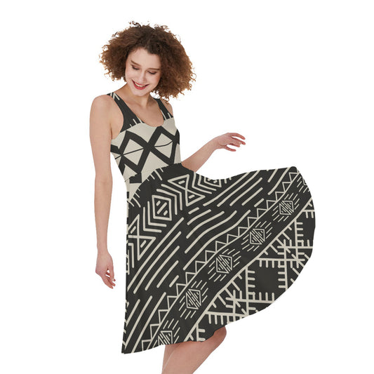 Black And Beige Aztec Pattern Print Women's Sleeveless Dress