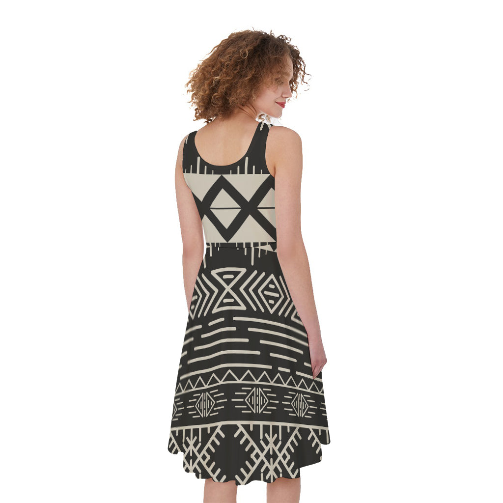 Black And Beige Aztec Pattern Print Women's Sleeveless Dress