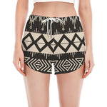 Black And Beige Aztec Pattern Print Women's Split Running Shorts