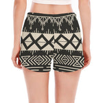 Black And Beige Aztec Pattern Print Women's Split Running Shorts