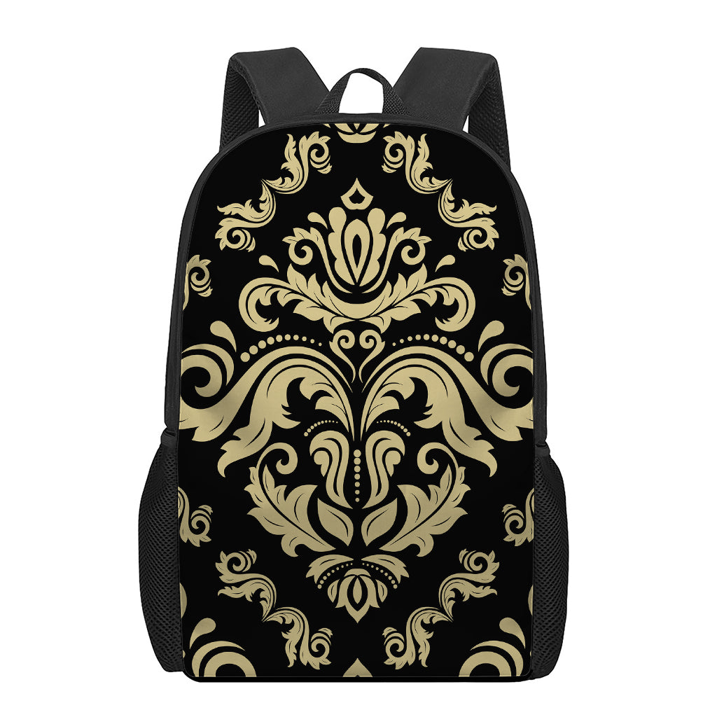 Black And Beige Damask Pattern Print 17 Inch Backpack