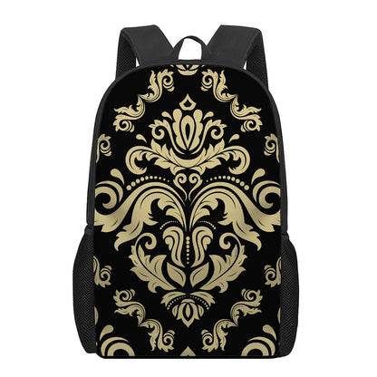 Black And Beige Damask Pattern Print 17 Inch Backpack
