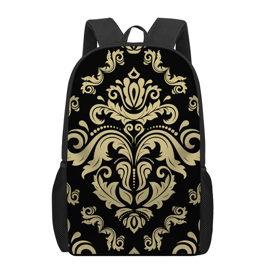 Black And Beige Damask Pattern Print 17 Inch Backpack