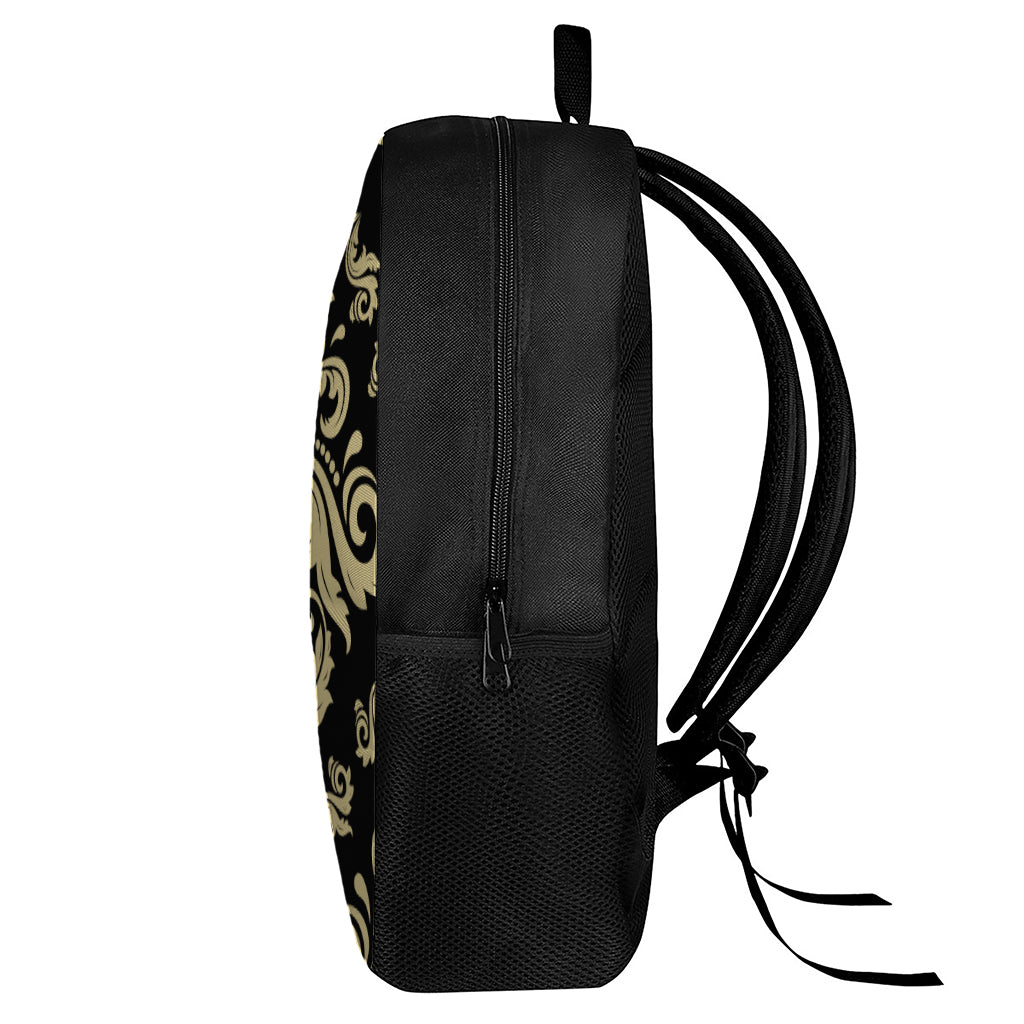 Black And Beige Damask Pattern Print 17 Inch Backpack
