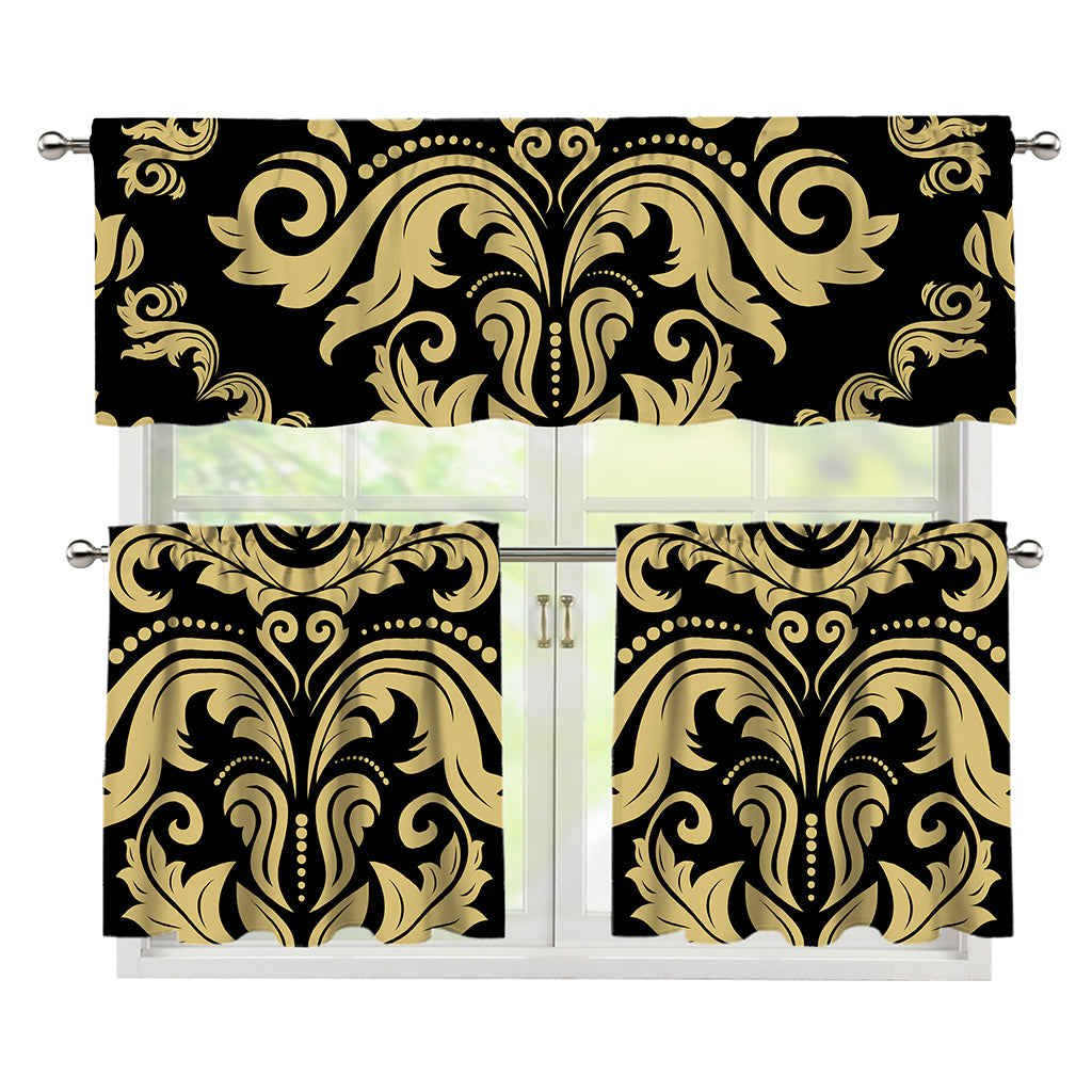 Black And Beige Damask Pattern Print 3 Piece Kitchen Curtains
