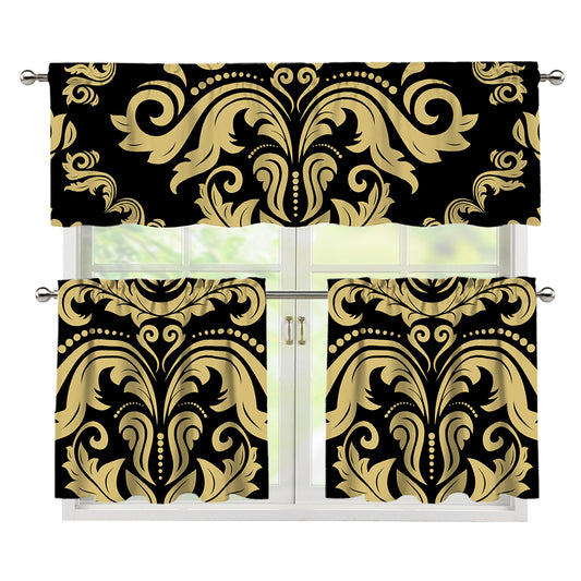 Black And Beige Damask Pattern Print 3 Piece Kitchen Curtains