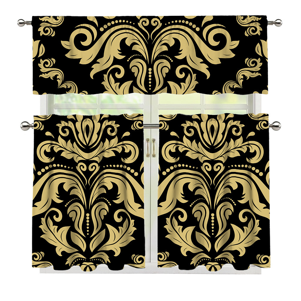 Black And Beige Damask Pattern Print 3 Piece Kitchen Curtains