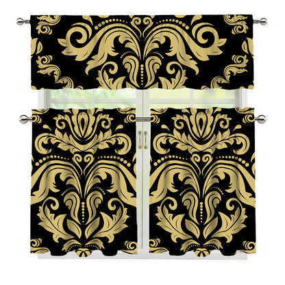 Black And Beige Damask Pattern Print 3 Piece Kitchen Curtains