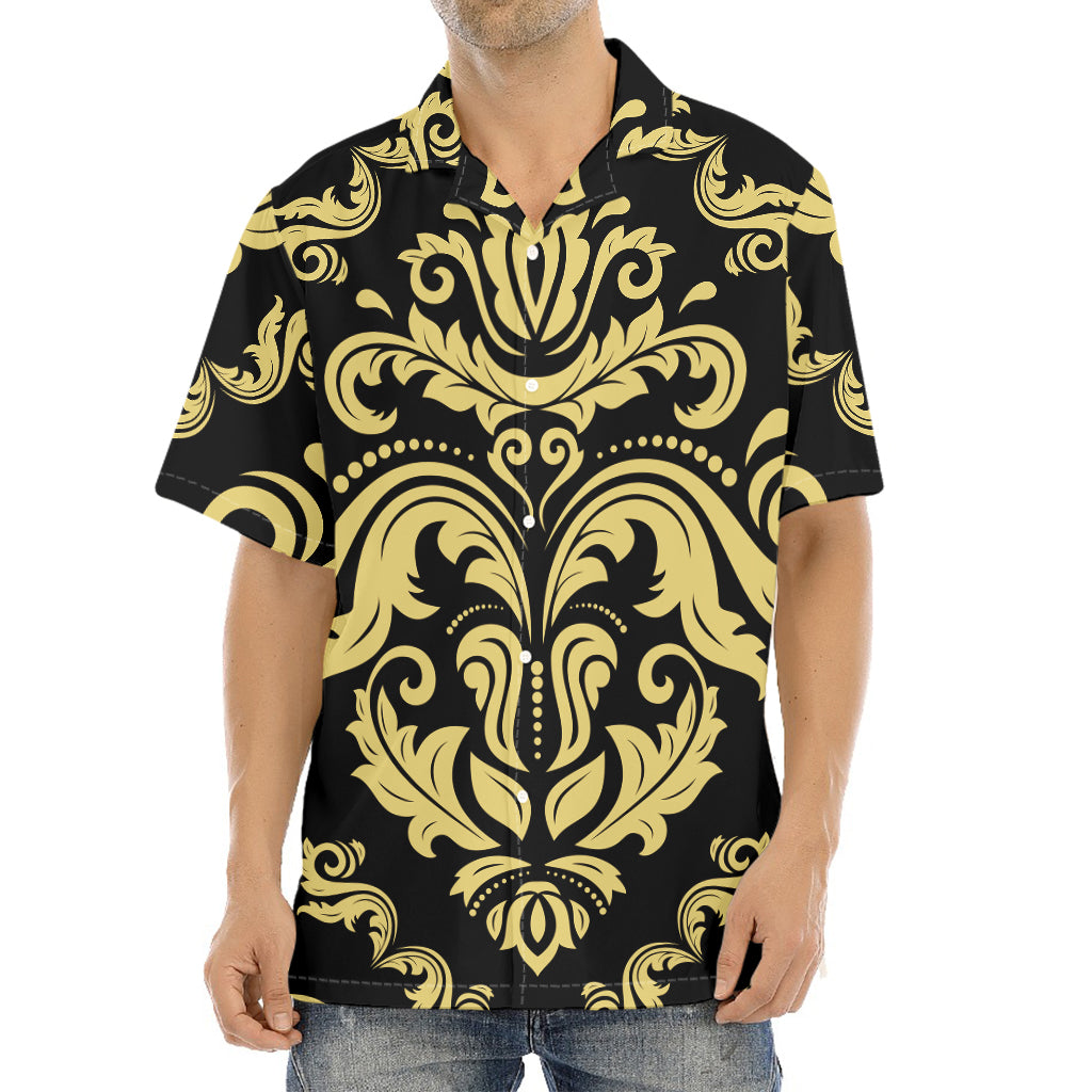Black And Beige Damask Pattern Print Aloha Shirt