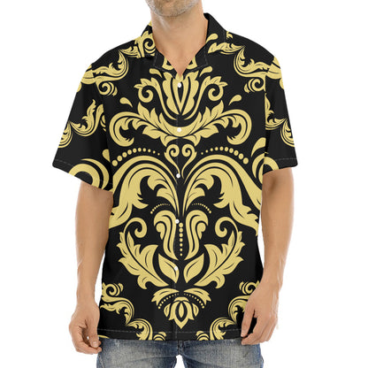Black And Beige Damask Pattern Print Aloha Shirt