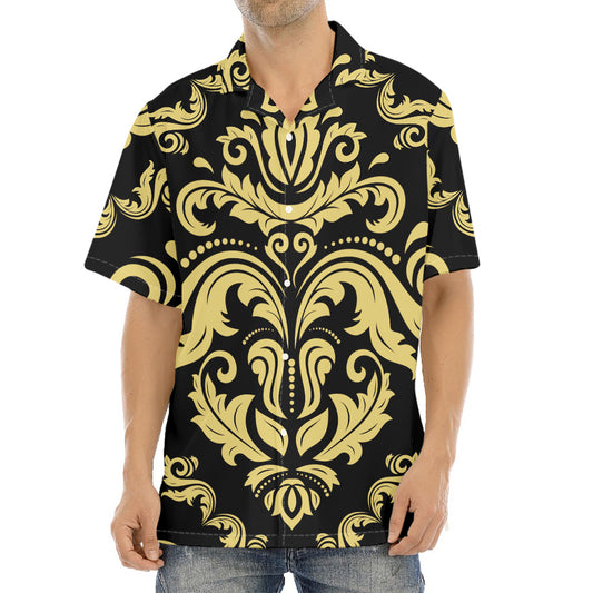 Black And Beige Damask Pattern Print Aloha Shirt