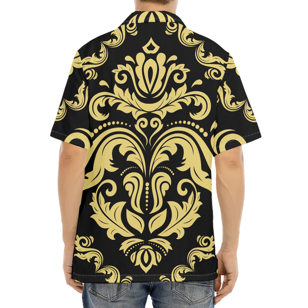 Black And Beige Damask Pattern Print Aloha Shirt