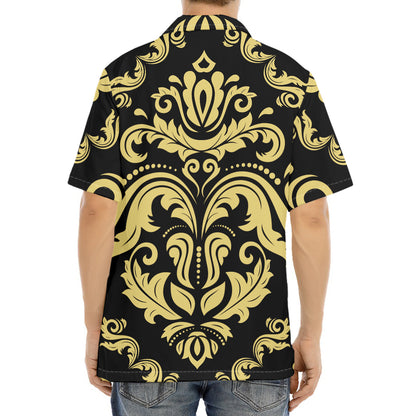 Black And Beige Damask Pattern Print Aloha Shirt