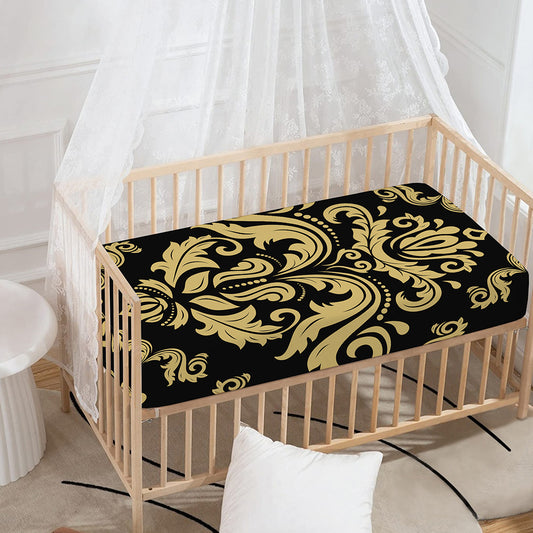 Black And Beige Damask Pattern Print Baby Crib Sheet