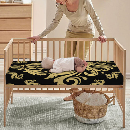 Black And Beige Damask Pattern Print Baby Crib Sheet