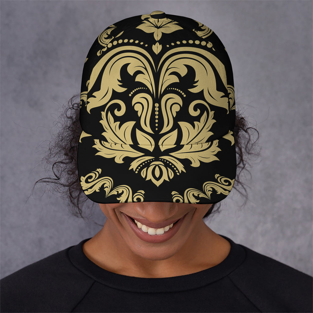 Black And Beige Damask Pattern Print Baseball Cap