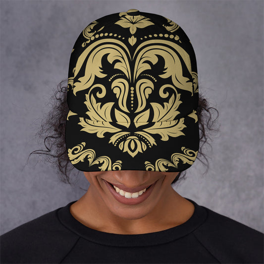 Black And Beige Damask Pattern Print Baseball Cap