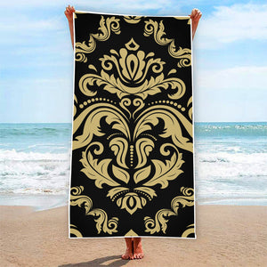 Black And Beige Damask Pattern Print Beach Towel